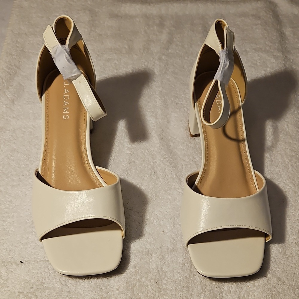 J. Adams White PU Strappy Block Heel Ankle Strap Sandals Buckle Women's Size 10
